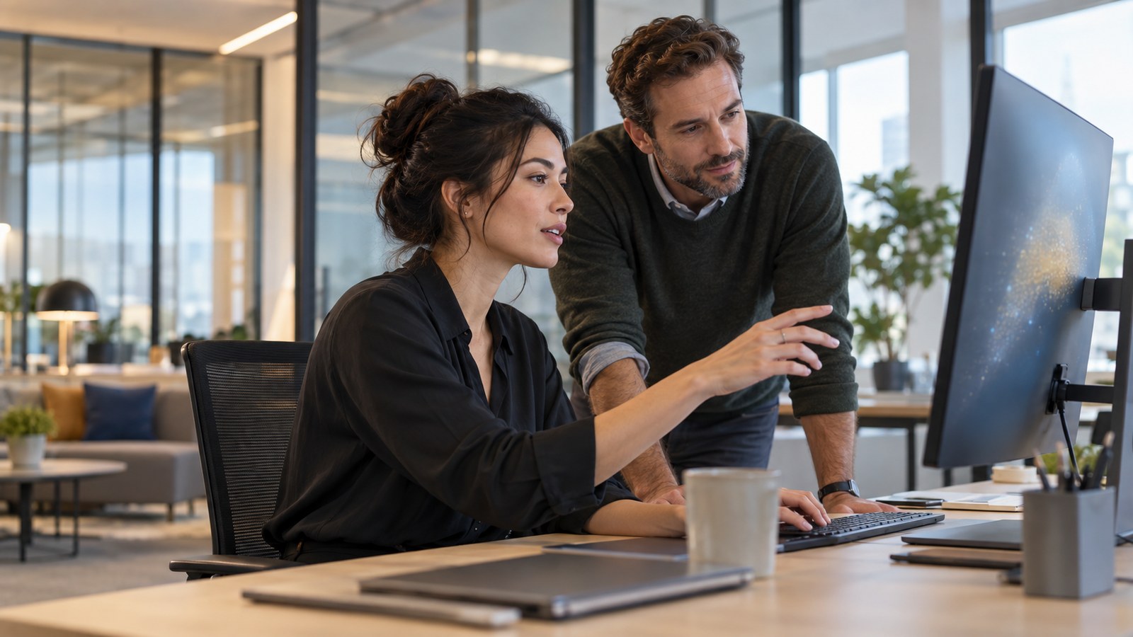 Donna al lavoro in un ufficio moderno integrato con strumenti d'intelligenza artificiale