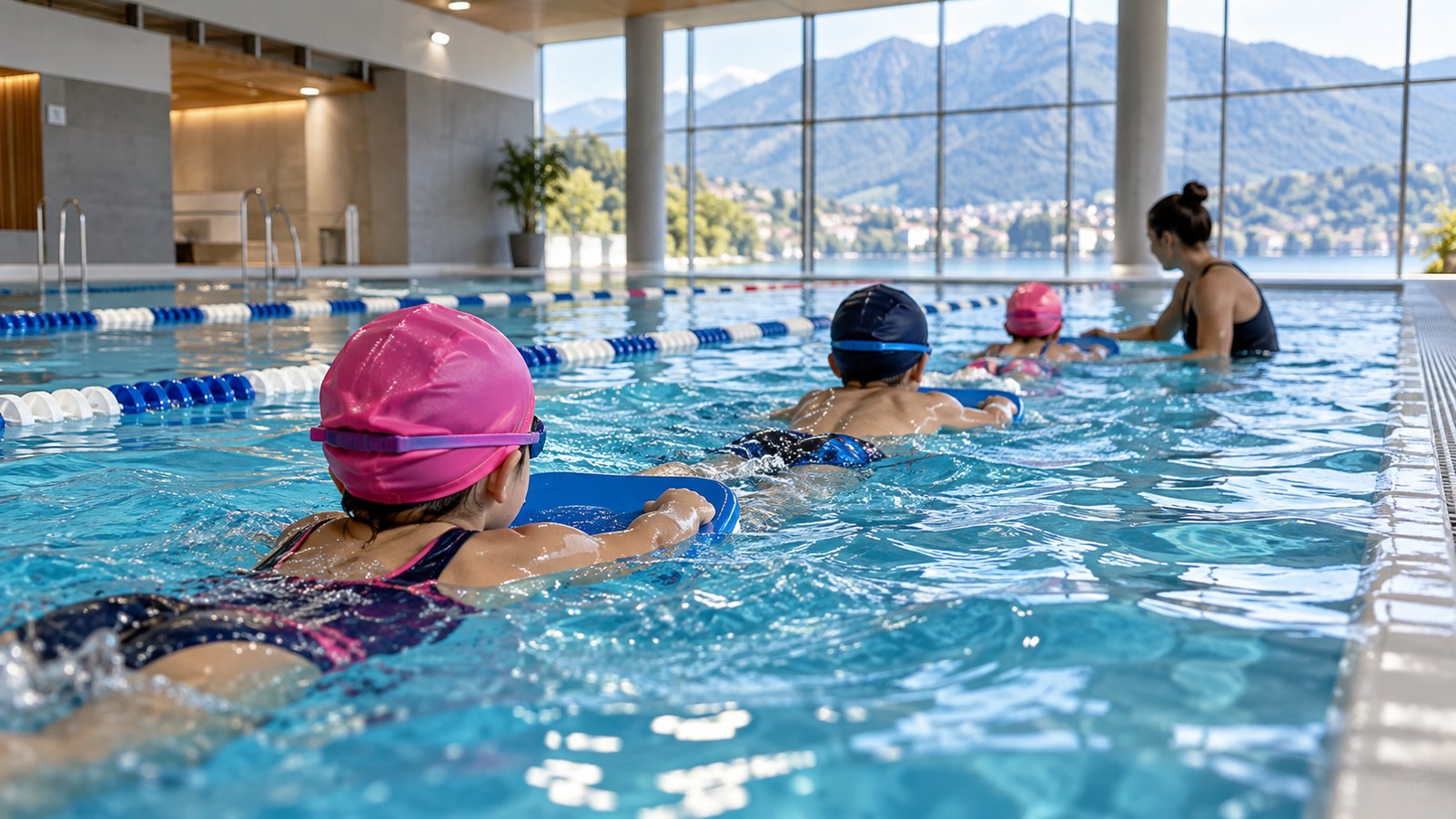 Lezione di nuoto per bambini in piscina coperta (immagine illustrativa generata con IA)