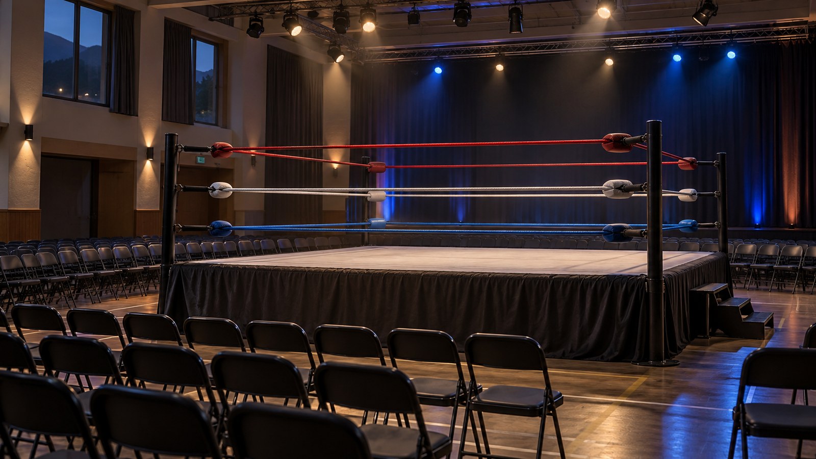 Ring di wrestling in una sala generica: immagine illustrativa generata con AI, non una fotografia della Sala Aragonite o dell’evento di Manno.