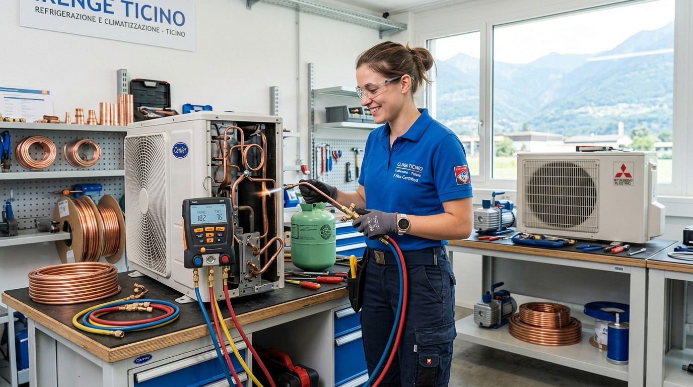 Un installatore al lavoro su impianti di refrigerazione (immagine illustrativa)