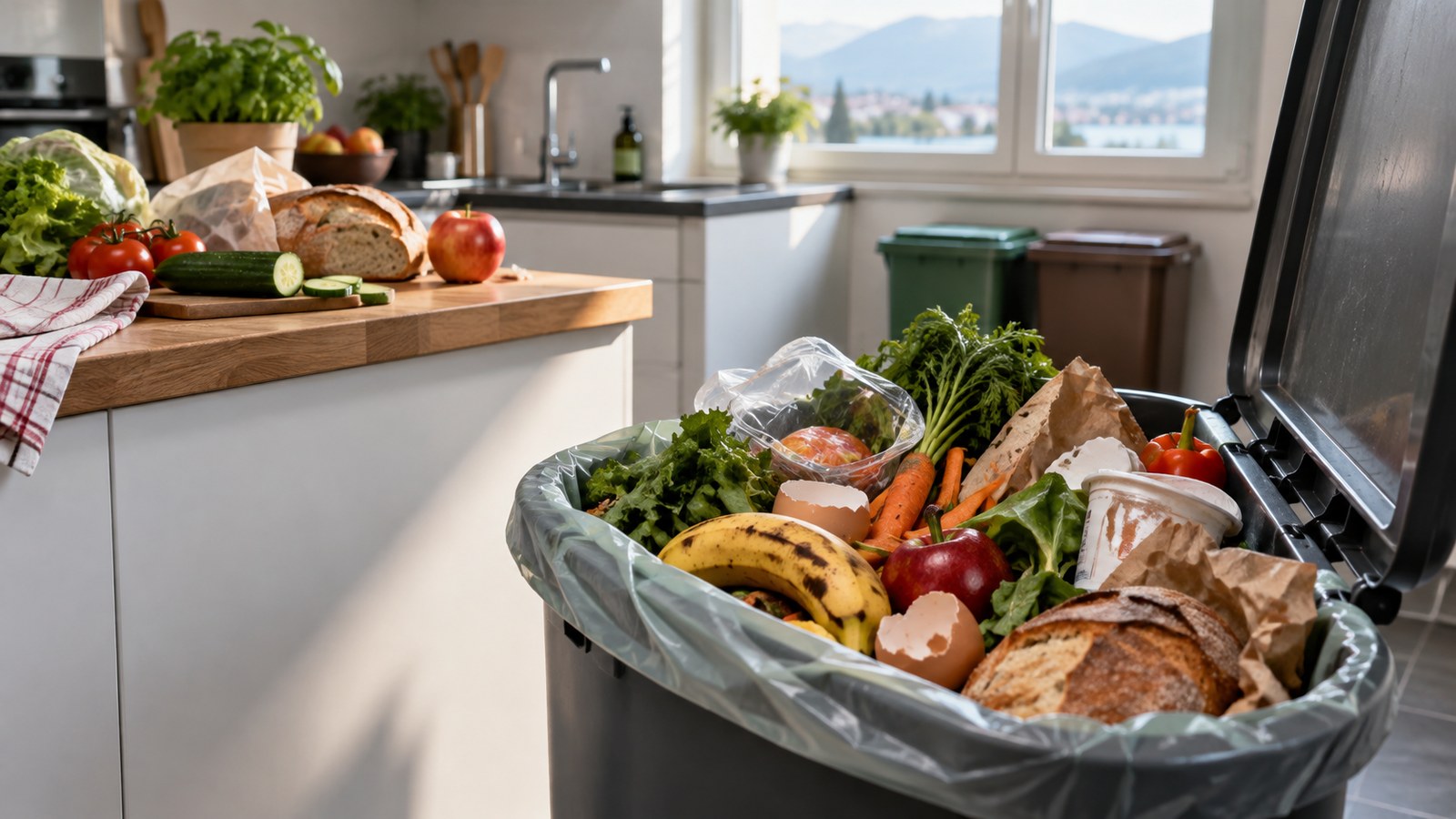Scarti alimentari in un contenitore di rifiuti (foto illustrativa)