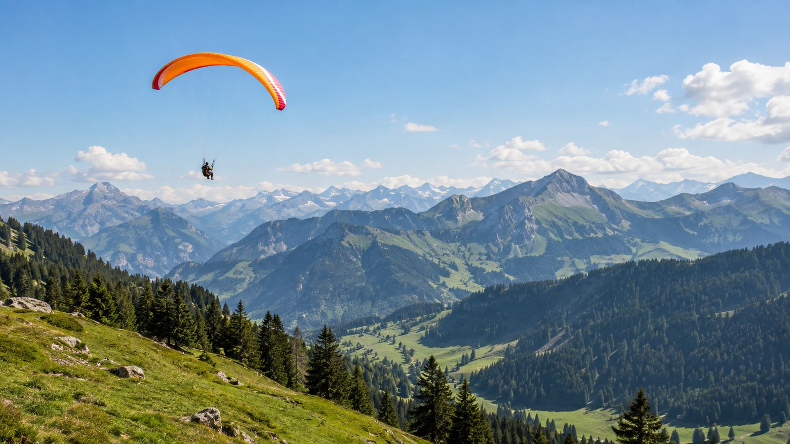 Foto d'archivio: un parapendio in volo nei cieli delle Prealpi svizzere.