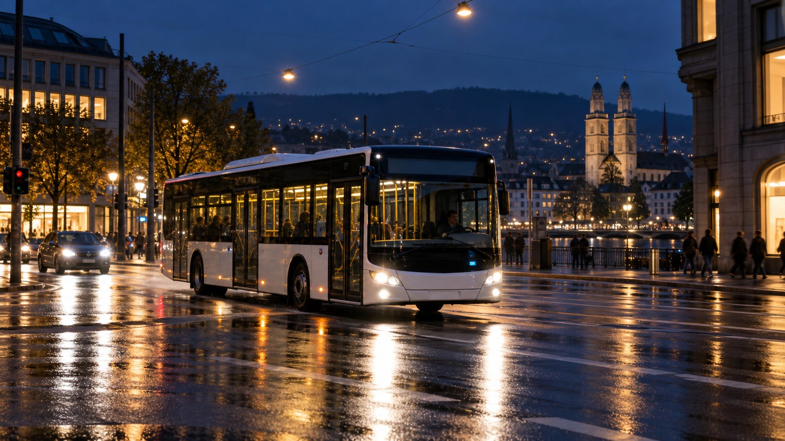 Un autobus urbano di linea in servizio notturno.