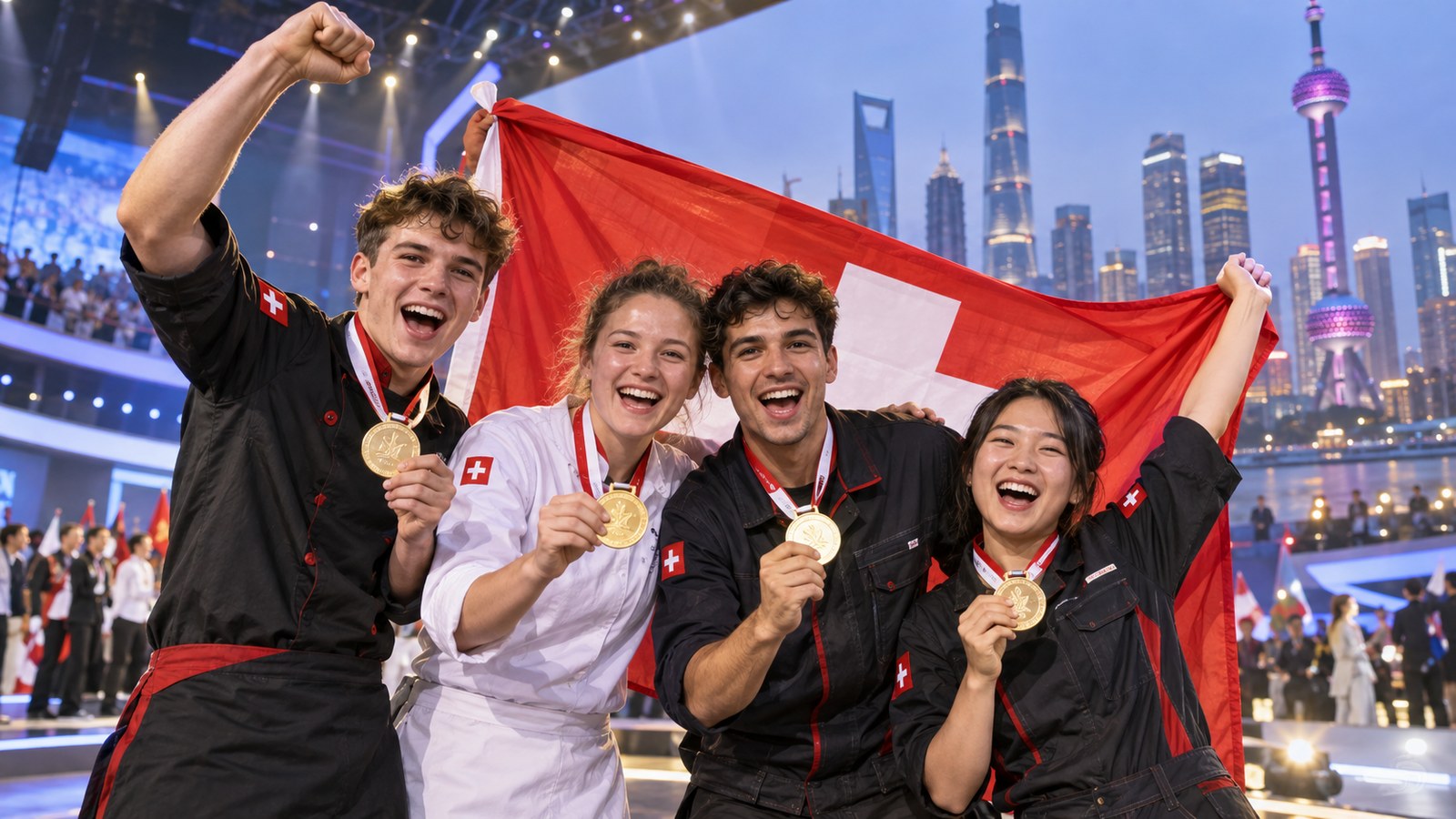 I giovani dello SwissSkills National Team festeggiano i successi ottenuti a Shanghai (immagine illustrativa generata da IA)