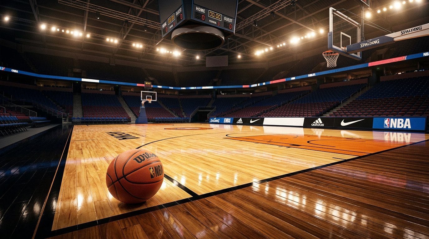Un pallone da basket su un parquet di gioco in vista dell'inizio della nuova stagione (immagine illustrativa generata con IA)