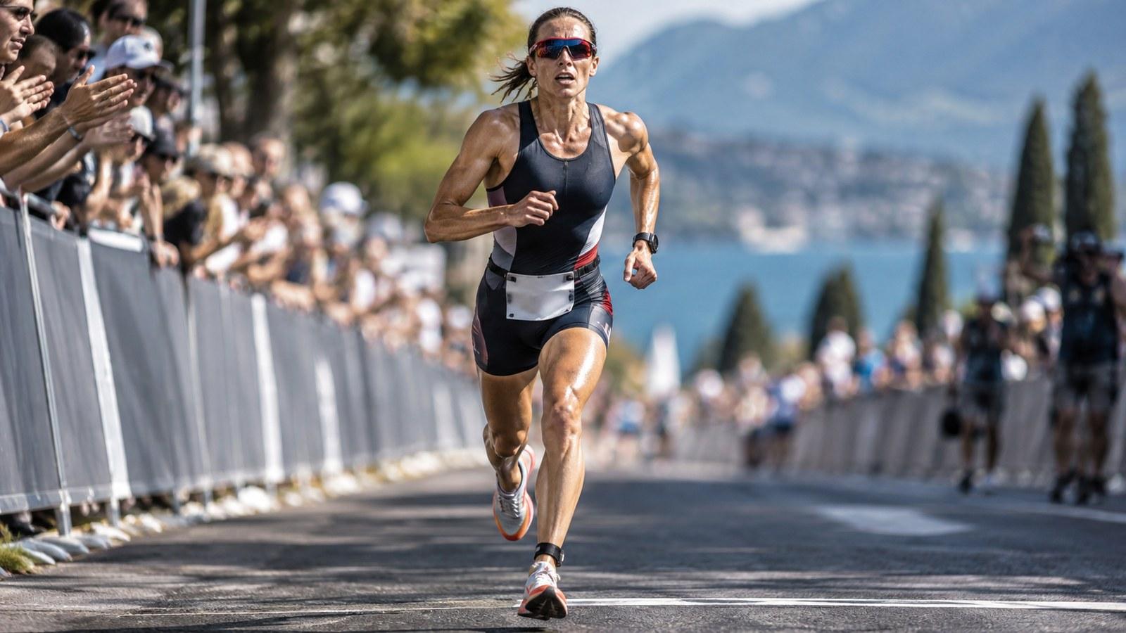 Un atleta impegnato in gara nella frazione di corsa di triathlon