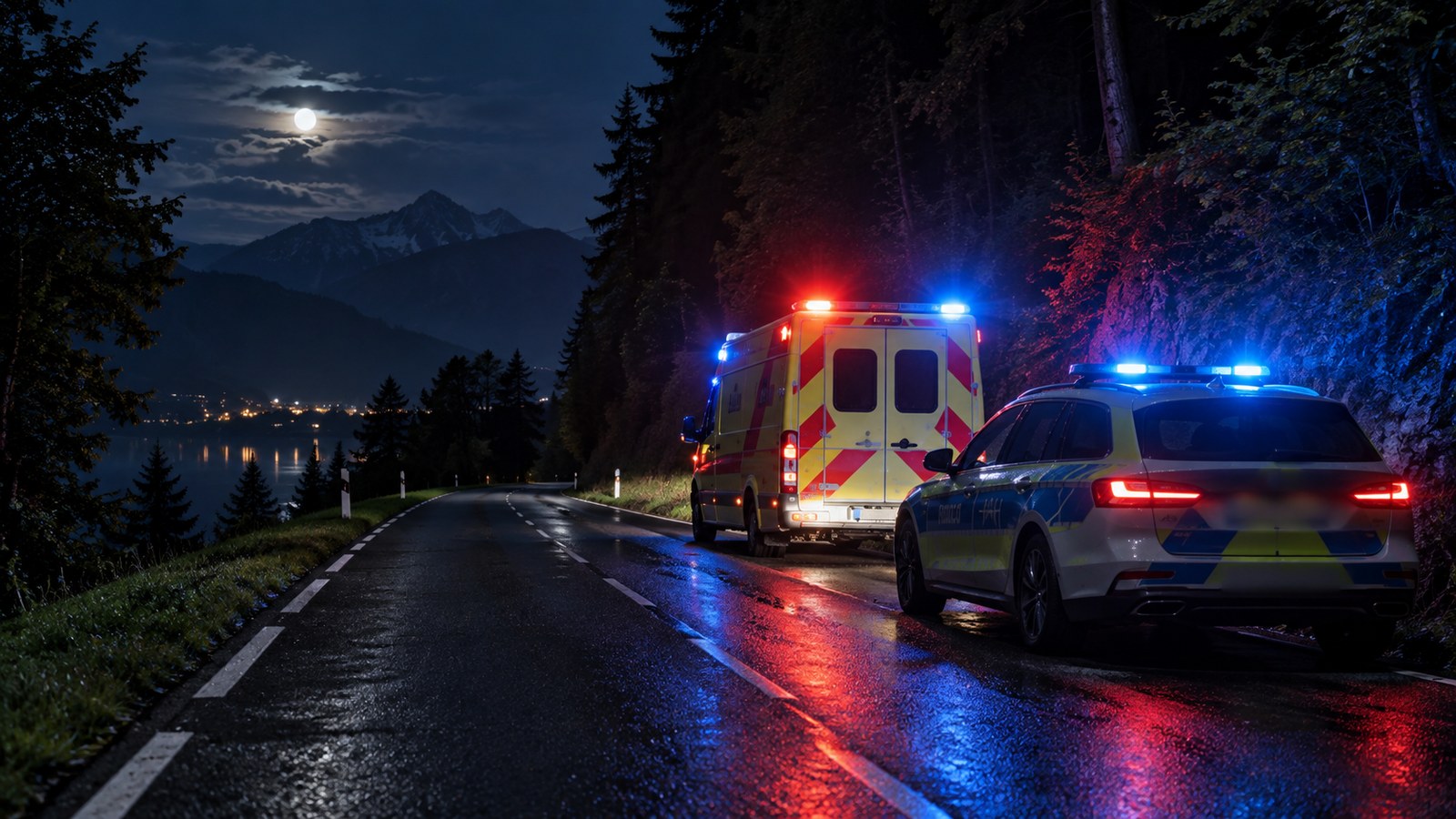 Un'auto della polizia e soccorsi sul luogo di un incidente notturno (immagine illustrativa generata con IA)