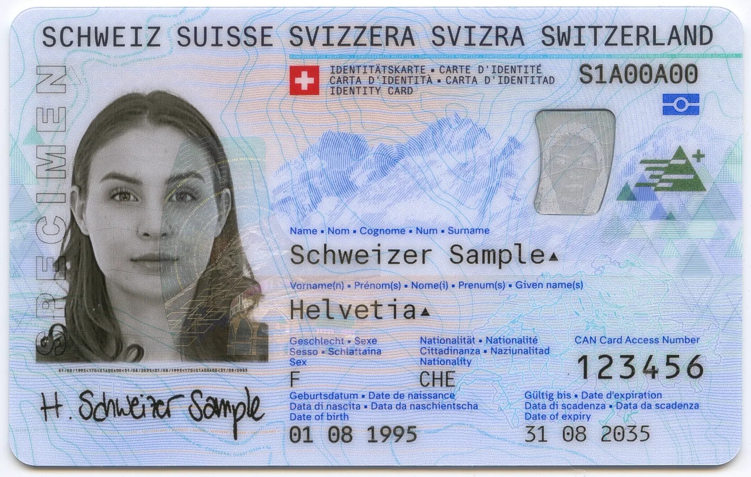 Facsimile ufficiale della nuova carta d’identità biometrica svizzera (fronte).