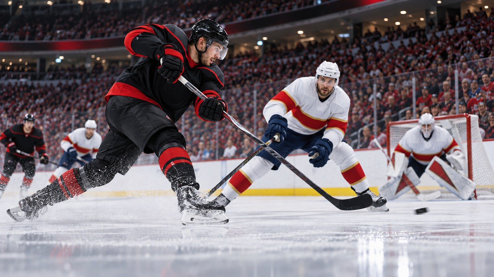 Azione di gioco sul ghiaccio durante una partita della NHL nordamericana.