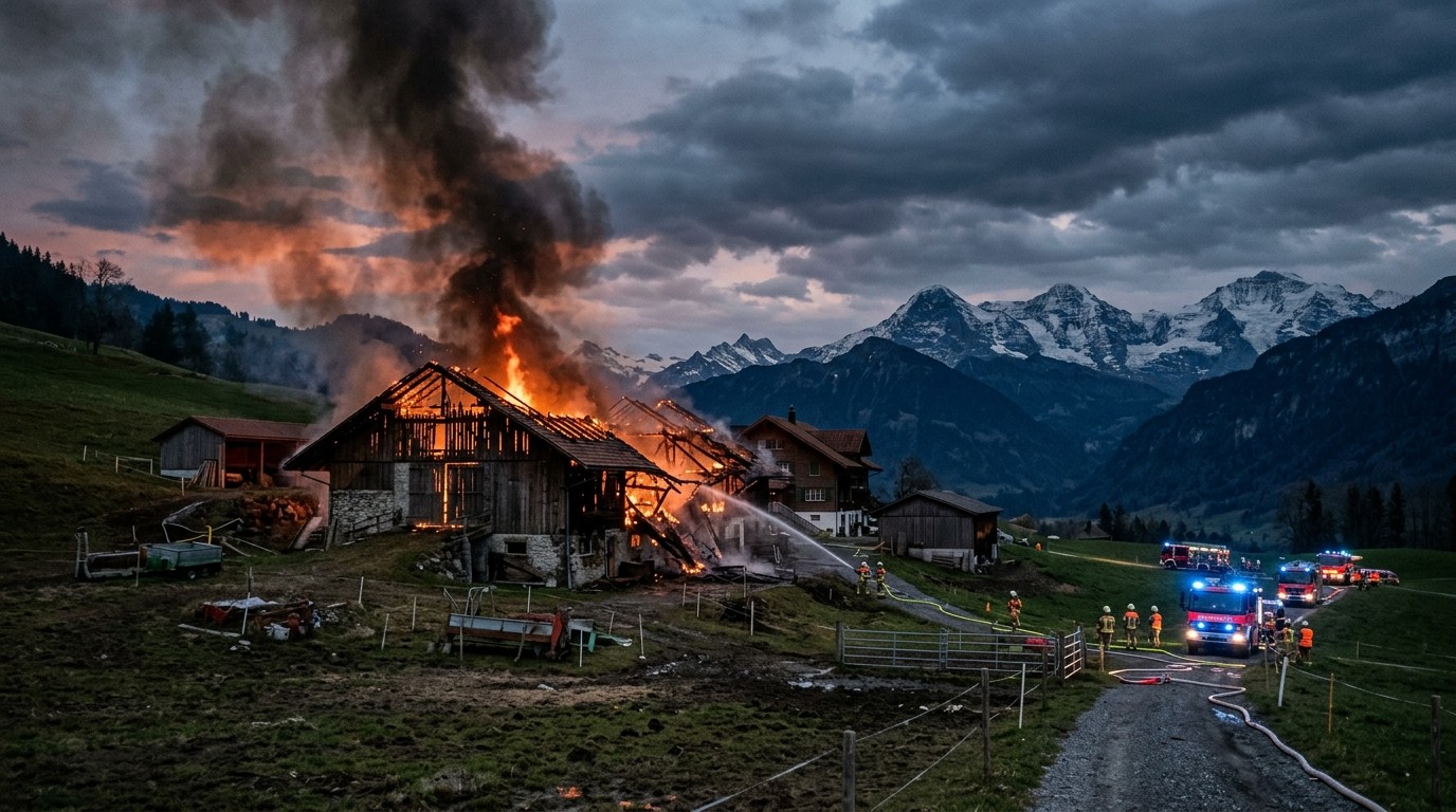 Fattoria distrutta da un incendio nella campagna svizzera (immagine illustrativa)