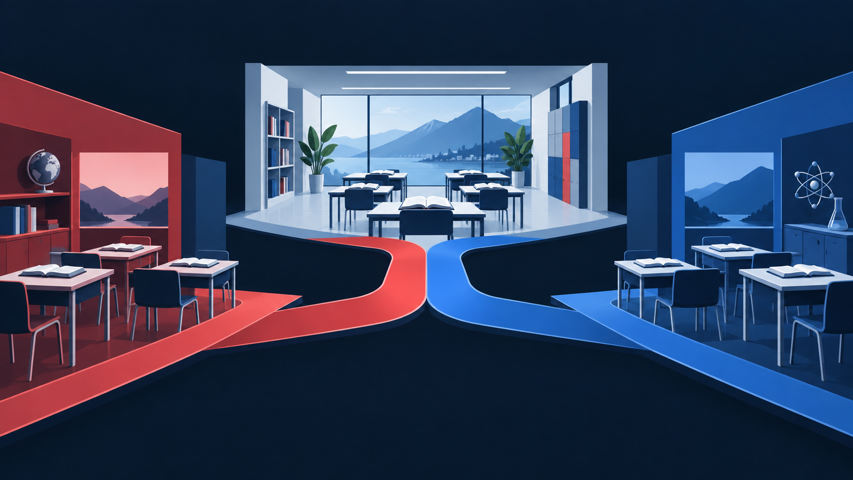 Illustrazione generata con AI — Illustrazione/infografica generata con AI. Illustrazione/infografica generata con AI. Illustrazione/infografica generata con AI. Illustrazione generata con AI. Rappresentazione concettuale dei percorsi formativi della scuola media.