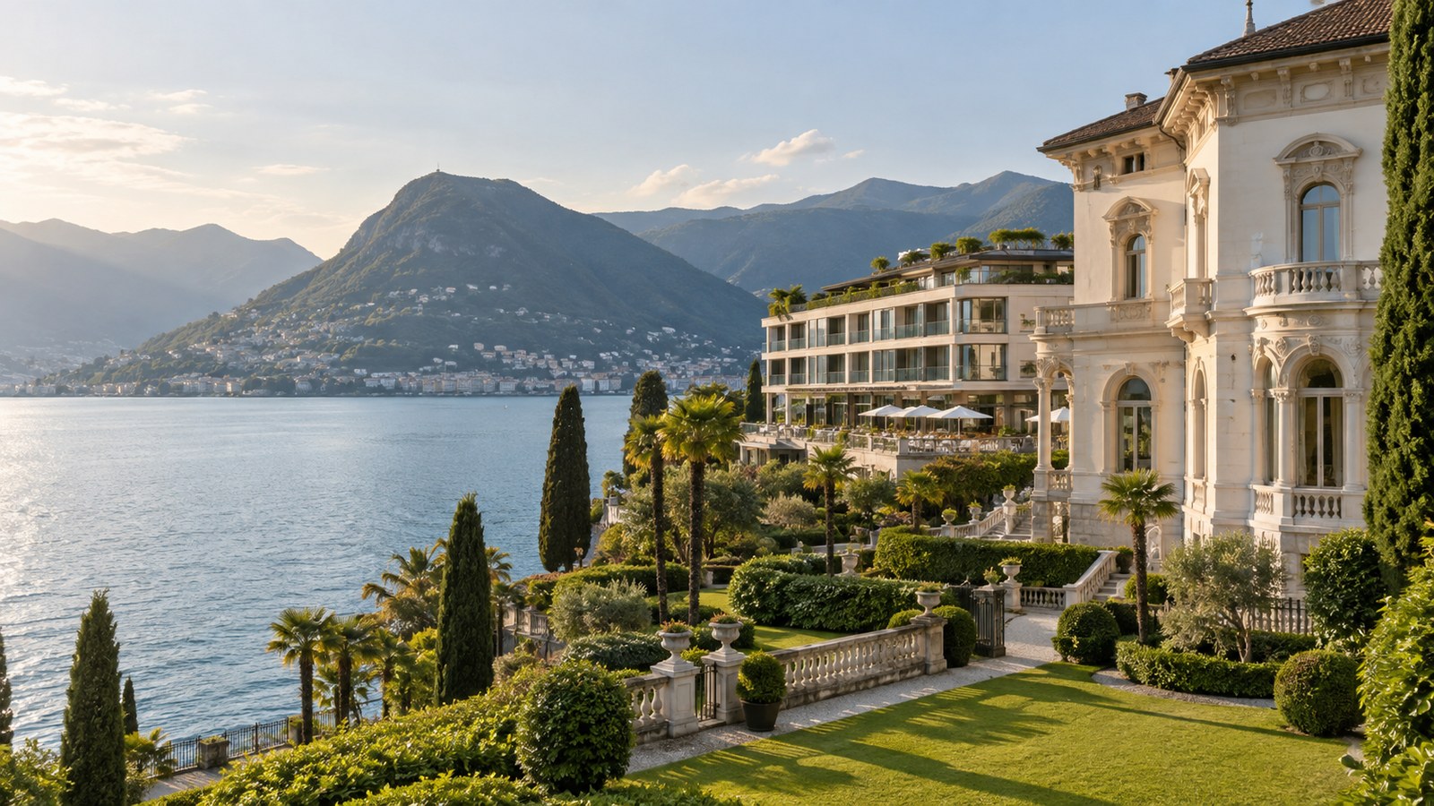 Scorcio illustrativo di una villa storica alberghiera sul lago di Lugano