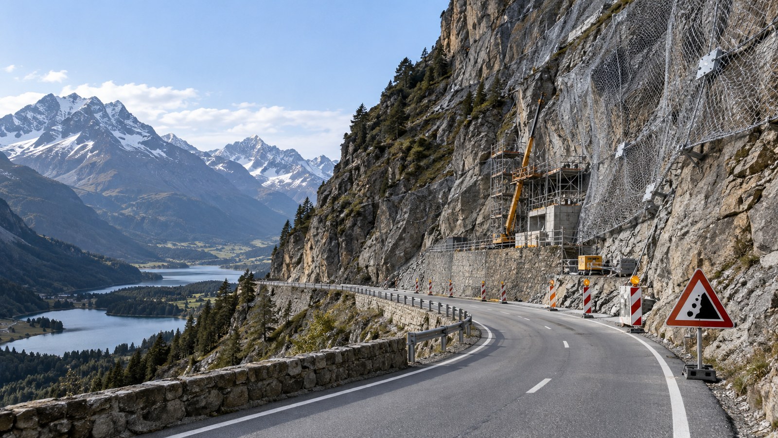 Illustrazione simbolica dei lavori di messa in sicurezza lungo una strada montana alpina