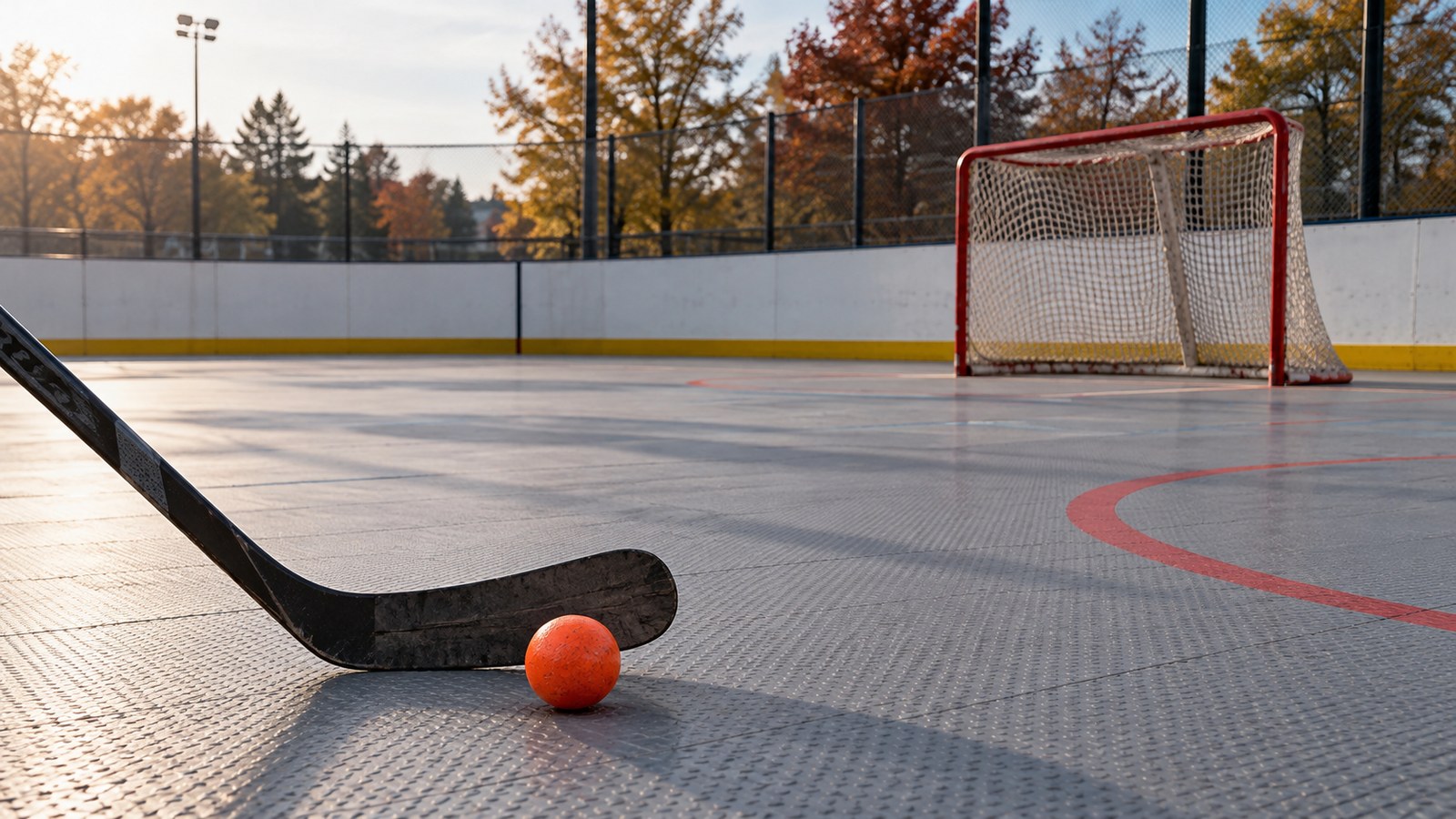 Illustrazione generata con IA di una pista e dell’attrezzatura da hockey inline; non ritrae la partita né una pista identificata.