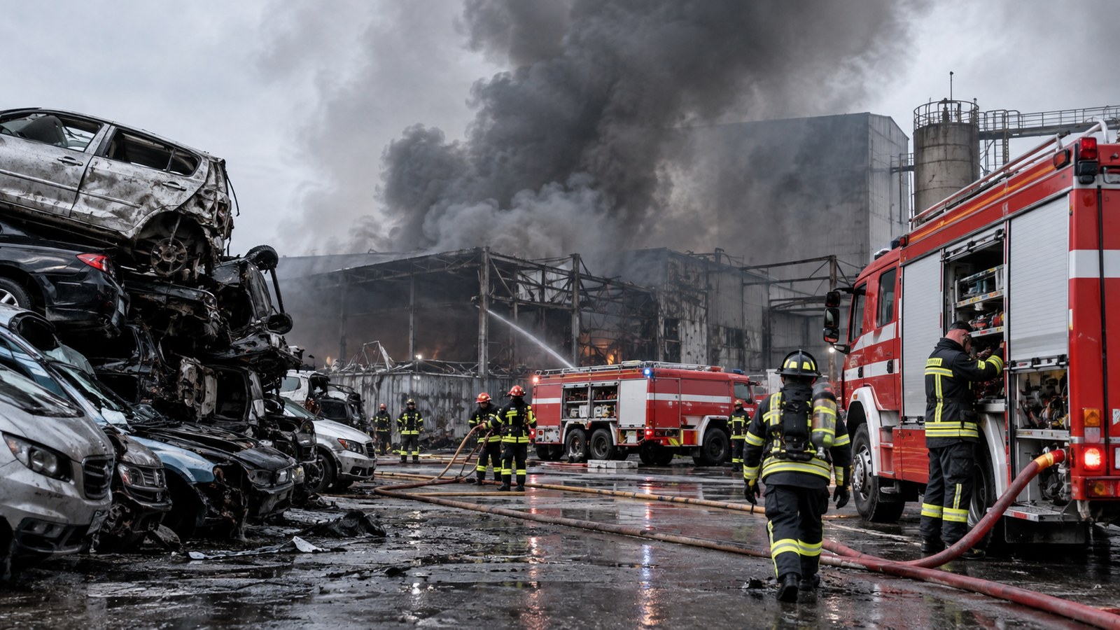 Immagine illustrativa: vigili del fuoco in azione durante un incendio industriale.
