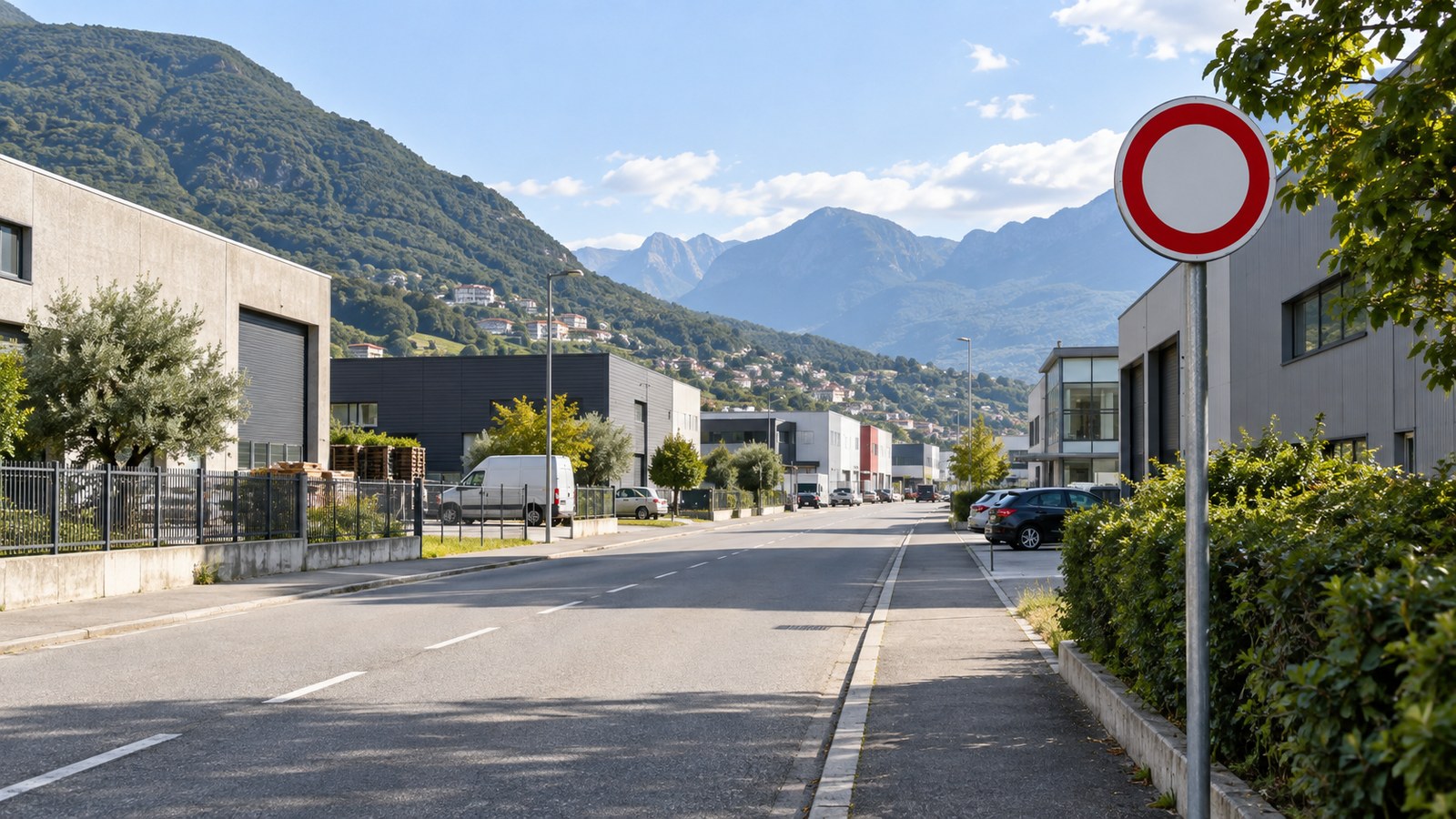 Immagine illustrativa generata con IA: area industriale e viabilità in Ticino.
