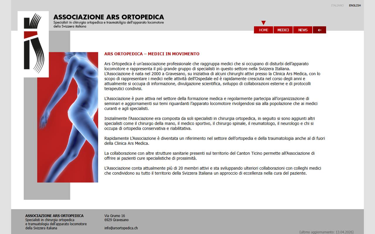 Anteprima del sito: Associazione Ars Ortopedica specialisti in chirurgia ortopedica e traumatologia dell'apparato locomotore della Svizzera italiana