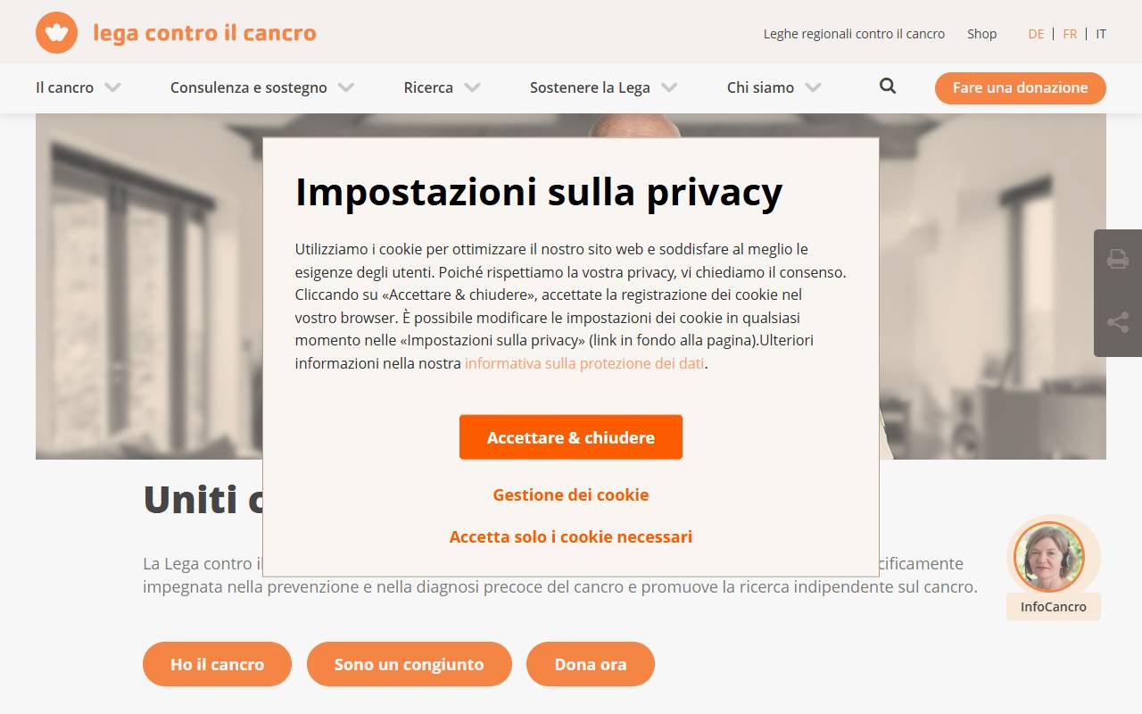 Anteprima del sito: Fondazione per la ricerca sul cancro nel Ticino