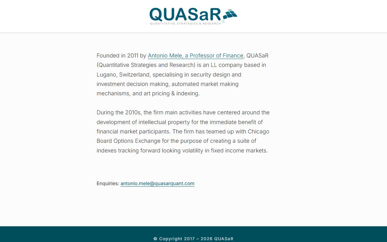 Anteprima del sito: QUASaR Quantitative Strategies and Research SAGL