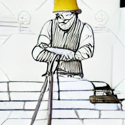 ** "Bricklayer working on a construction site, using a trowel and wearing a hard hat. Illustration in Sketch style depicting a modern bricklayer, highlighting the profession and skills required in construction. Bricklayer, construction worker, building, masonry, construction site, Lenzburg."