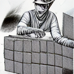 ** "Bricklayer at work on a modern construction site. Illustration in sketch style depicting a professional bricklayer using tools and materials like bricks, mortar, and concrete, highlighting the trade and profession of a mason in contemporary construction."