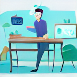 ** "Cartoon illustration: Work from home customer support and network development representative in nutrition, wellness, and anti-aging. Flexible part-time job with home office, supporting clients globally."