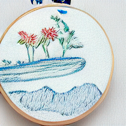 ** "Modern embroiderer working on a DIY landscape embroidery kit. Image depicts a person embroidering with needles, thread, and fabric in a contemporary setting. Ideal for craft enthusiasts, Christmas gifts, and handmade decorations."