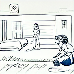 "A sketch-style illustration depicting a hotel room cleaning scene. A Putzkraft, or hotel maid, is making a bed, showcasing the tasks of cleaning and maintaining a hotel room in a modern setting. This image represents the job of a Putzkraft, highlighting essential tasks like bed making and cleaning supplies in a contemporary hotel environment."