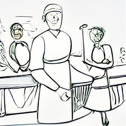 "Sketch illustration: Waitress in a modern Italian restaurant, interacting with a customer. Represents a job opportunity for a waitress/waiter in a friendly and welcoming environment. Search for waiter or waitress jobs."