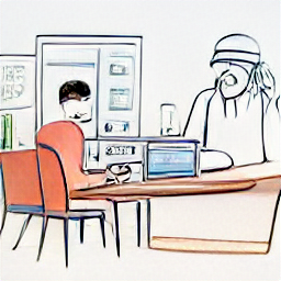 "Cassiera Manor Locarno: Illustrazione in stile schizzo di una cassiera che lavora in un reparto casa e arredo di un grande magazzino, interagendo con un cliente in modo amichevole e professionale. Lavoro part-time, Manor Sud SA."