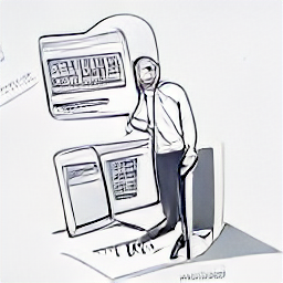 "Researcher working on a musical metaverse project, using a computer and VR technology in a modern office. Illustration showcasing research and development in the field of music and metaverse, depicting a contemporary professional setting."