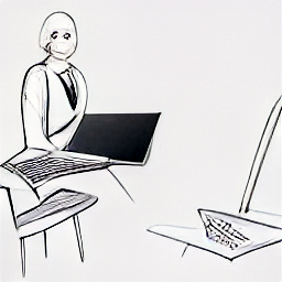 "Part-time secretary in a modern office, smiling and managing event logistics on a laptop and phone. Sketch-style illustration representing a modern secretary role, ideal for event management and administrative tasks."