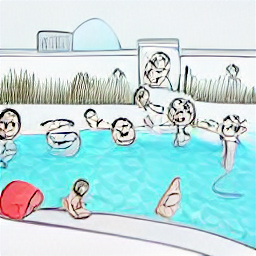 "Istruttore di nuoto che insegna a bambini e adulti in una piscina moderna. Illustrazione in stile schizzo che rappresenta la professione di istruttore di nuoto in un ambiente contemporaneo. Lavoro, istruttore, nuoto, piscina, bambini, adulti, Basilea."
