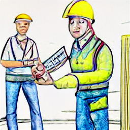 ** "Recruitment in the construction industry: Sketch-style illustration of a recruiter discussing job opportunities with a construction worker against a backdrop of a modern construction site. Illustrates the key role of recruitment in finding qualified personnel for construction projects, featuring job boards and a handshake symbolizing professional collaboration."