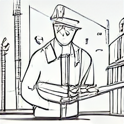 "Recruitment Consultant in Construction - Sketch Illustration. A modern recruiter in the building industry, using a laptop and blueprints to find skilled construction workers for projects, showcasing the role of a Personalberater/in in the contemporary construction sector."