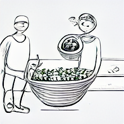 "Sketch illustration of a poke bar employee assembling a poke bowl, showcasing a modern, fast-casual restaurant environment. Ideal for poke bar, food service, and part-time job search related content."