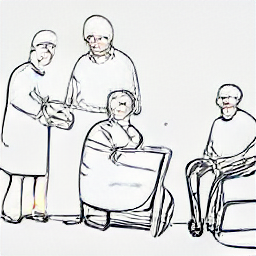 Sketch-style illustration depicting a modern healthcare worker (ACSS/OSS) providing compassionate care to a senior patient in a contemporary Bellinzona setting. Illustrates job opportunities in healthcare.
