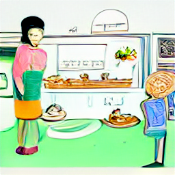 "A sketch-style illustration of a kitchen assistant preparing a healthy meal for children in a modern kitchen. The image depicts a part-time kitchen job, ideal for someone passionate about cooking and working with children in a school or daycare environment."
