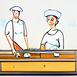 ** "Sous chef preparing pasta in a modern Swiss Italian restaurant kitchen. Sketch style illustration depicting a female cook in a chef's uniform, showcasing the daily life and work of an experienced sous chef in the culinary industry in Switzerland. Find kitchen jobs in the Grisons, Italy."
