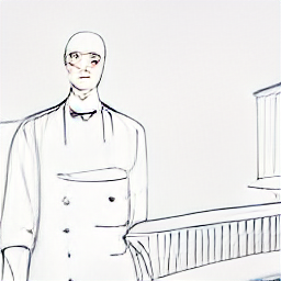 ** "A sketch-style illustration depicting a waiter or waitress working at a modern restaurant with a stunning view of Lake Zurich. The image portrays a friendly and efficient service experience, highlighting the role of a restaurant server in a contemporary setting. Restaurant job, waiter, waitress, service, Zurich, Switzerland, Lake Zurich, hospitality, catering."
