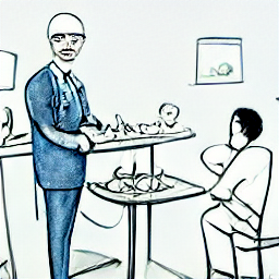 "Cameriera esperta che prende un ordine in un ristorante moderno. Illustrazione in stile schizzo che evidenzia il servizio clienti, l'attenzione ai dettagli e la professionalità di una cameriera in un ristorante. Lavoro part-time Luganese."