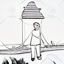 "A sketch-style illustration of a modern-day hut warden serving food and drinks to customers by a river. The scene depicts a relaxed atmosphere in a scenic location, highlighting the role of a hut warden in a contemporary setting. Perfect for summer job and hospitality opportunities."