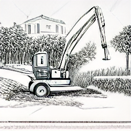 "Giardiniere paesaggista al lavoro in un giardino moderno, con attrezzi e macchinari da giardinaggio come un piccolo escavatore o una carriola. Illustrazione in stile schizzo che evidenzia le competenze necessarie per la professione di costruttore di giardini."