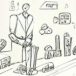 "Hardware store salesperson assisting a customer, sketch style illustration. Shows a modern hardware store with a diverse range of tools, materials, and equipment. Ideal for a job posting seeking a sales associate with experience in hardware and tools."