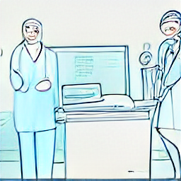 "Assistente medico/a (MPA) in una clinica moderna in Turgovia. Illustrazione in stile schizzo di un'assistente medica che accoglie un paziente alla reception, con apparecchiature mediche sullo sfondo. Lavoro, sanità, MPA, Turgovia, Svizzera."