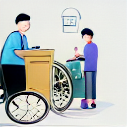 "Illustrazione di un'assistente domiciliare moderna che aiuta una persona su una sedia a rotelle a casa. L'immagine rappresenta un'assistente domiciliare che offre assistenza personale e supporto a una persona con disabilità in un ambiente domestico contemporaneo, evidenziando le mansioni quotidiane di un'assistente domiciliare, come aiutare con i pasti o la cura personale."
