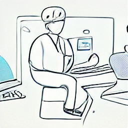 "A person working remotely as a healthcare prevention advisor, using a laptop and phone in a modern home office. Sketch style illustration highlighting flexible work and work-life balance in the healthcare field."
