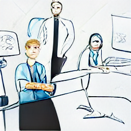 **Prompt:** "Sketch style illustration, modern setting, sales representative in medical device industry, Switzerland, meeting with a hospital doctor, showcasing medical equipment, professional, friendly, confident, Swiss Alps in the background" **