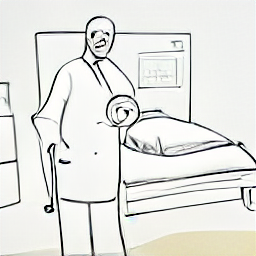 "Home healthcare assistant helping a person with disabilities in a modern bedroom setting. Sketch illustration depicting a caregiver assisting with daily tasks like getting ready for bed, showcasing the importance of home healthcare services for individuals with physical limitations. #homehealthcare #caregiver #disabilitysupport #healthcare #assistance"