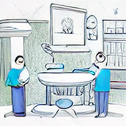 "Igienista dentale al lavoro in uno studio dentistico moderno. Illustrazione in stile schizzo che mostra un'igienista dentale con strumenti dentali, che interagisce con un paziente. Lavoro part-time flessibile per Igienisti Dentali in Ticino."